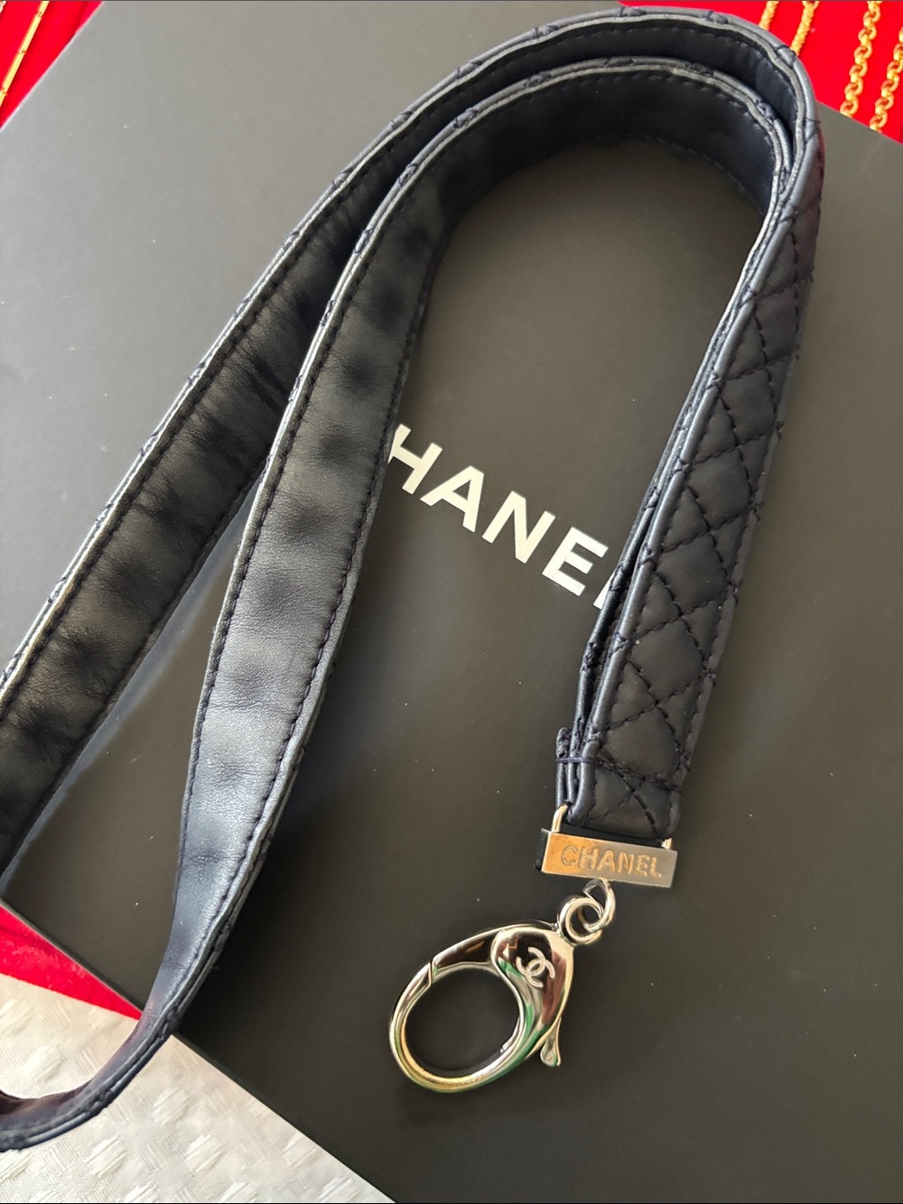 Chanel Lambskin Quilted Lanyard Key Holder Necklace Navy Blue